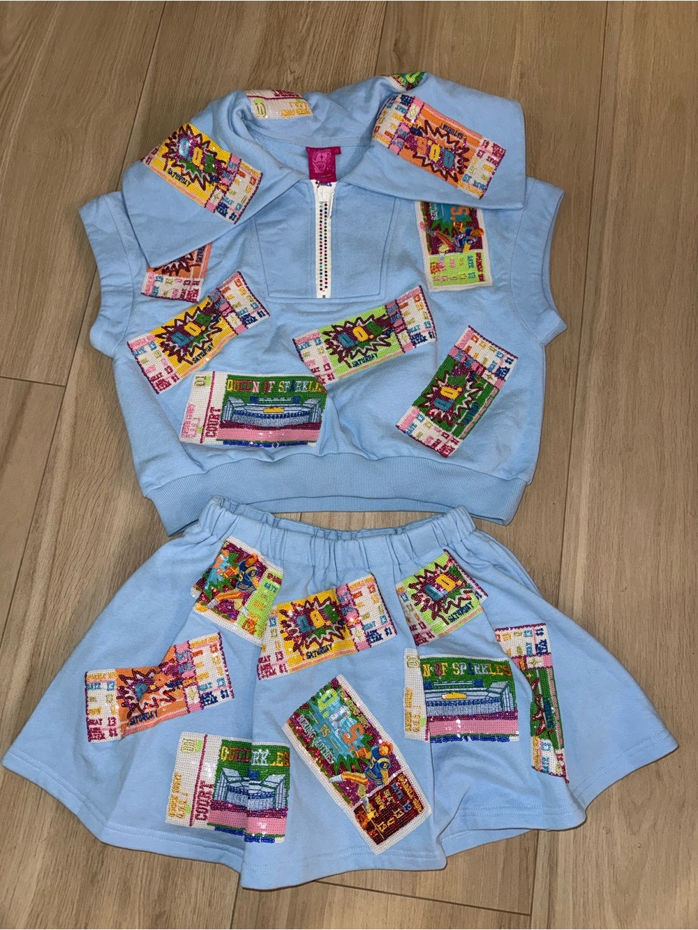 QUEEN OF SPARKLES Light Blue Patchwork Embellished Two-Piece Set like new